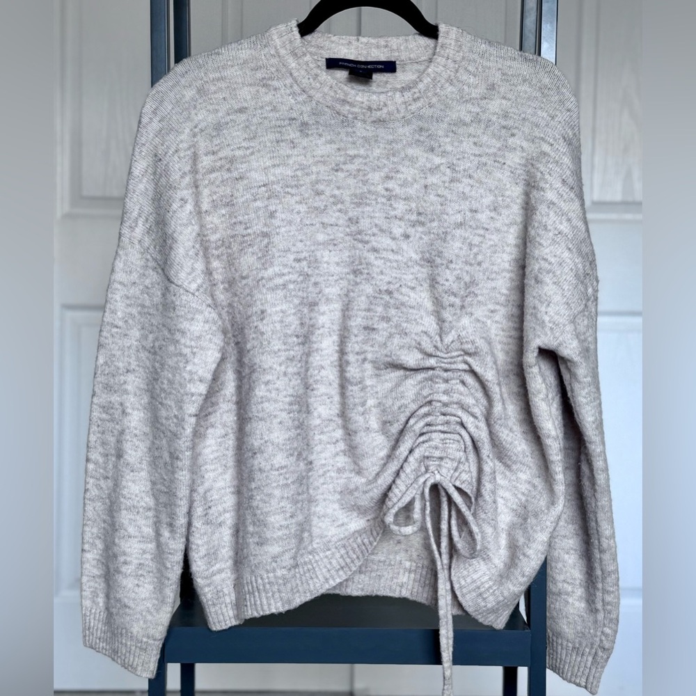 French Connection Rouched Front Tie Knit Sweater – Soft Marl Beige, Size S